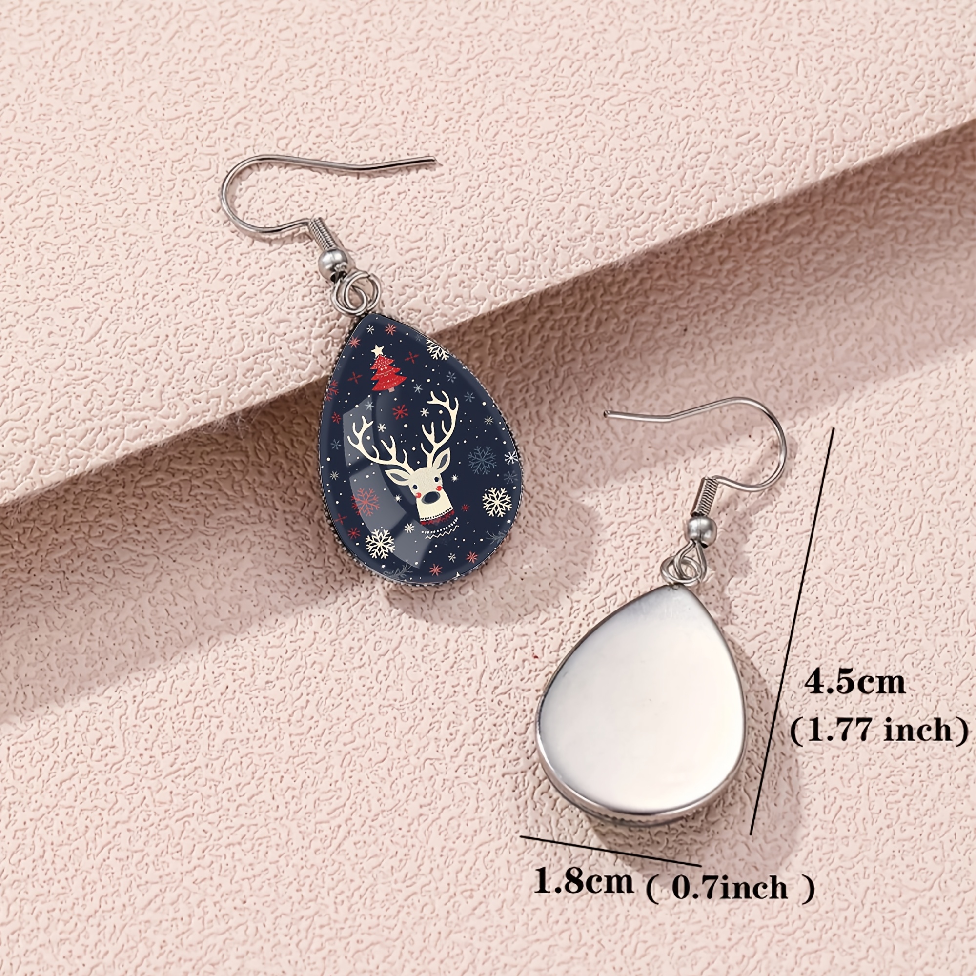 Navy Base Christmas Reindeer Pattern Teardrop Earrings